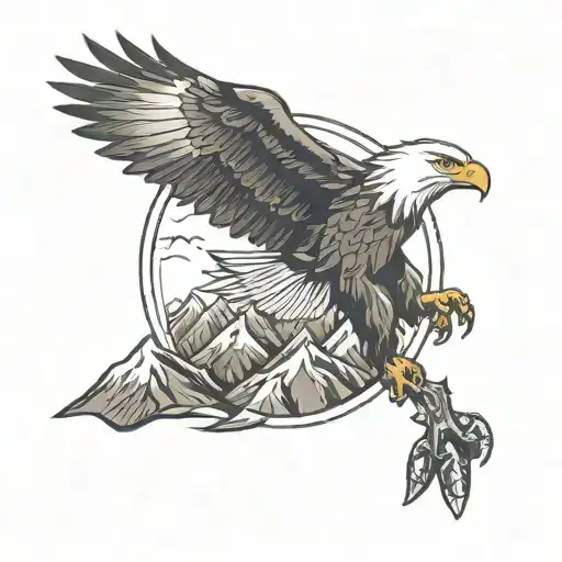 An eagle flying over a mountain range with a rifle in its talons, symbolizing freedom and the outdoors tattoo design idea