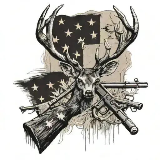 An intricate design of a vintage American flag with hunting rifles crossed in the background, with a silhouette of a deer in the foreground tattoo design idea