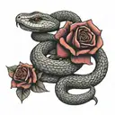 A snake coiled around a red rose, with intricate dotwork details and shading tattoo design idea