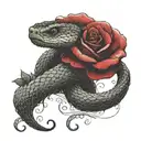 A snake coiled around a red rose, with intricate dotwork details and shading tattoo design idea