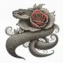 A snake coiled around a red rose, with intricate dotwork details and shading tattoo design idea