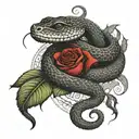 A snake coiled around a red rose, with intricate dotwork details and shading tattoo design idea