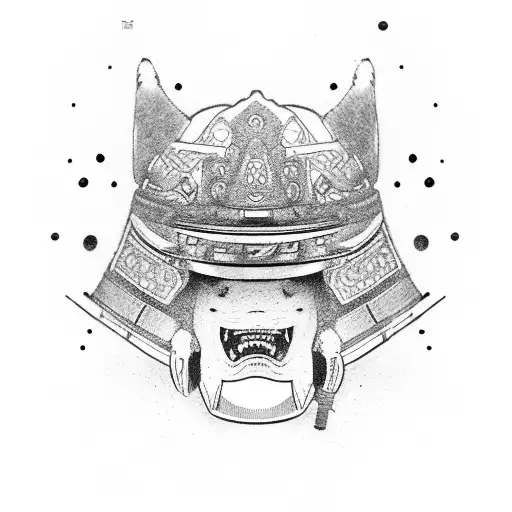 akita wearing samurai helmet tattoo design idea