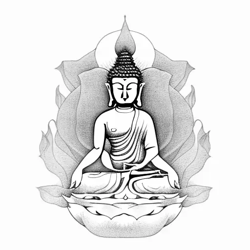 female budha sitting in a lotus surrounded by a big foo dog looking at a dragon tattoo design idea