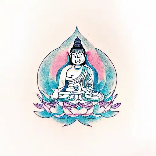 female budha sitting in a lotus with a food dog figthing a dragon tattoo design idea