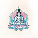 female budha sitting in a lotus with a food dog figthing a dragon tattoo design idea