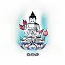 female budha sitting in a lotus with a food dog figthing a dragon tattoo design idea