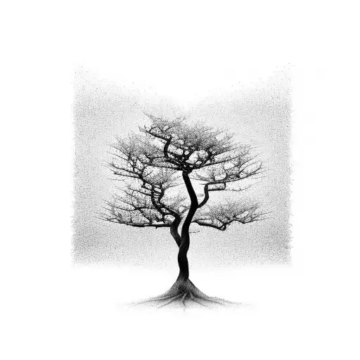 A serene black and grey tattoo of a solitary tree bending gracefully in the wind tattoo design idea