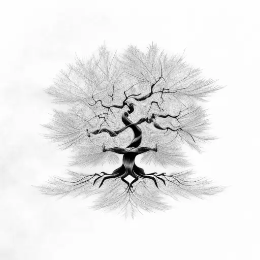 A majestic tree with swirling branches and leaves blowing in the wind tattoo design idea