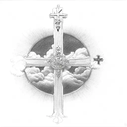 philippians 4:13 surrounded by clouds and a cross at the bottom with 33 at the top tattoo design idea