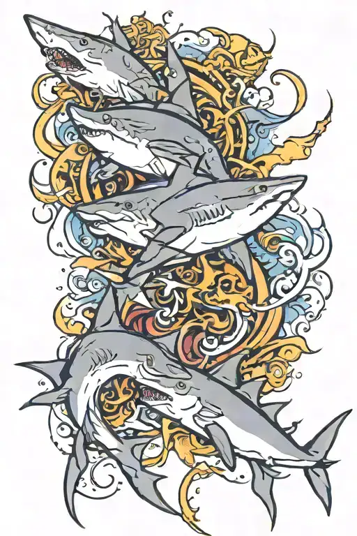 sharks and Poseidon trident tattoo design idea