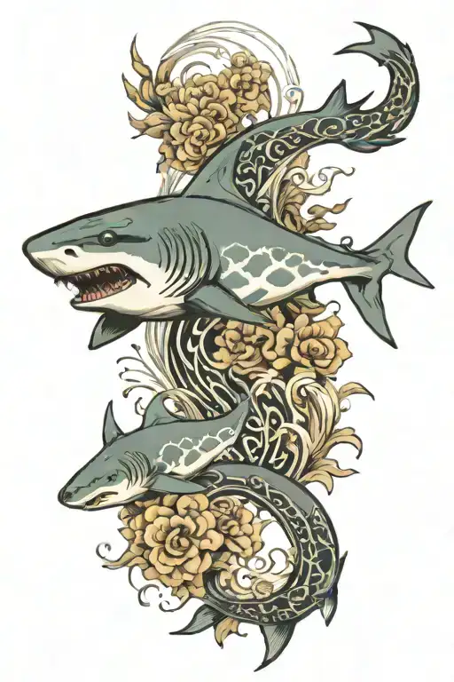 sharks and Poseidon trident tattoo design idea