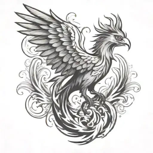 A black-grey tattoo of a phoenix rising from the ashes, representing resilience and overcoming heartbreak tattoo design idea