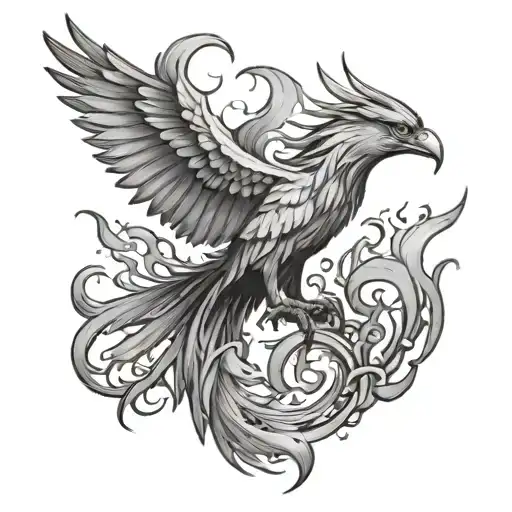A black-grey tattoo of a phoenix rising from the ashes, representing resilience and overcoming heartbreak tattoo design idea