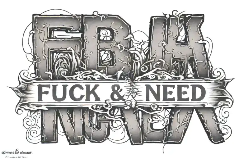 text "FUCK NEED" in unusual style, location upper back tattoo design idea