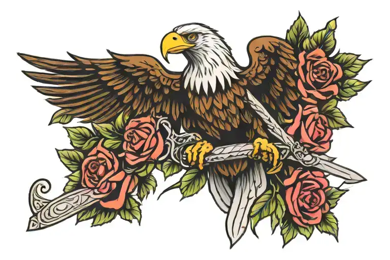Eagle holding a sword with roses tattoo design idea
