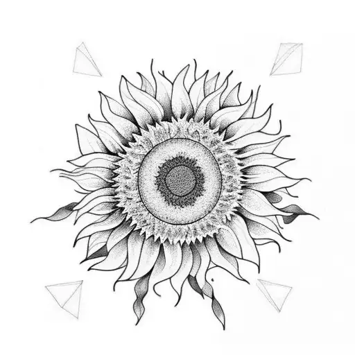 black and white, one sunflower and two marigolds tattoo design idea