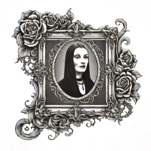 Morticia Addams in a goth photo frame tattoo design idea