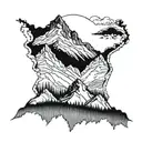 A detailed blackwork tattoo of a majestic mountain range inspired by the landscapes of Yellowstone National Park tattoo design idea
