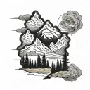 A detailed blackwork tattoo of a majestic mountain range inspired by the landscapes of Yellowstone National Park tattoo design idea