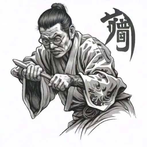 A portrait of Toji Fushiguro wielding a knife in a dynamic pose tattoo design idea