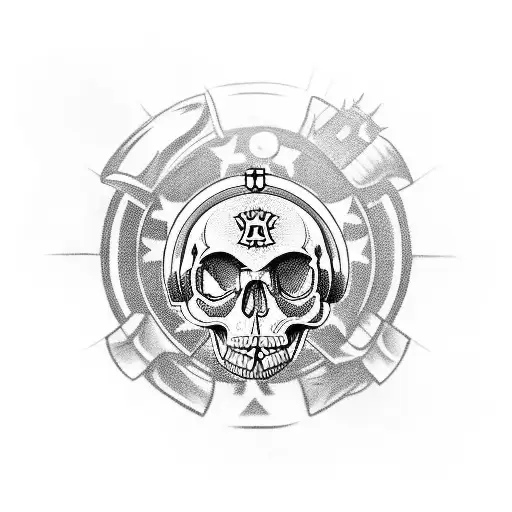 A skull wearing a German WWII helmet surrounded by poker cards and tanks tattoo design idea
