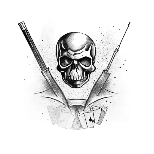 A MMA fighter with a skull face paint holding a gun and a deck of poker cards tattoo design idea