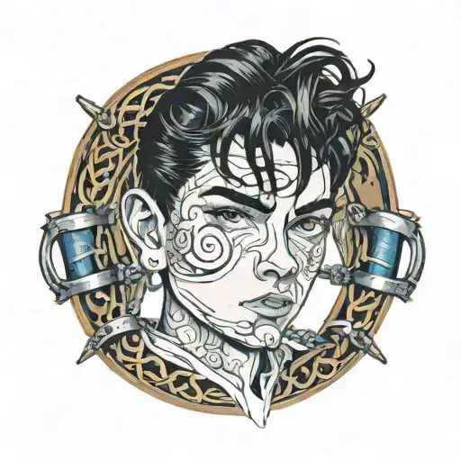boy with black hair and dark blue eyes in bondage  tattoo design idea