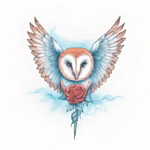 barn owl between a black rose and a red rose tattoo design idea