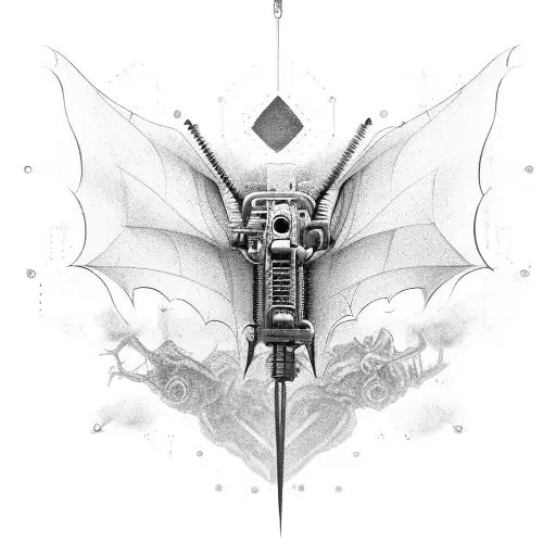 A detailed biomechanical bat flying overa military base blending nature and technology tattoo design idea