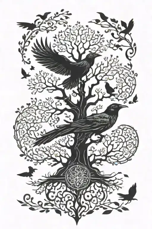 nordic tree of life and raven flying tattoo design idea