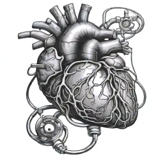 A detailed anatomical heart intertwined with a stethoscope, showcasing your dedication to medicine and science tattoo design idea