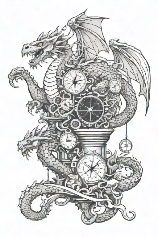 dragons hoard (wyvern) perched atop a pile of treasure, with a compass, DNA double helix and chemical elements tattoo design idea