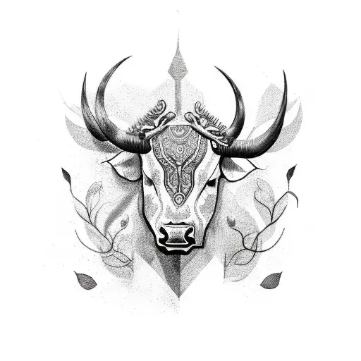 A blackwork tattoo of a bull's head with intricate plant patterns forming the horns tattoo design idea