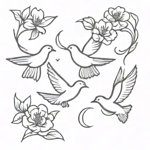 3 doves and flowers tattoo design idea