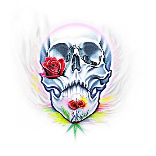 skull, flames, roses, tattoo design idea