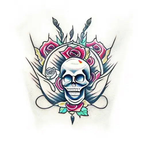 skull, flames, roses, tattoo design idea