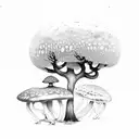 A black-grey tattoo of a mystical forest with mushroom jellyfish hidden within the trees tattoo design idea