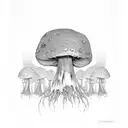 A black-grey tattoo of a mystical forest with mushroom jellyfish hidden within the trees tattoo design idea