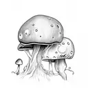 A black-grey tattoo of a mystical forest with mushroom jellyfish hidden within the trees tattoo design idea