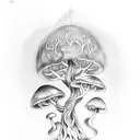 A black-grey tattoo of a mystical forest with mushroom jellyfish hidden within the trees tattoo design idea