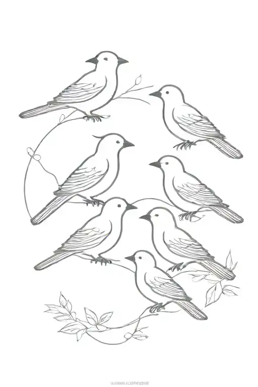 family of 5 birds sitting on branch representing 2 parents with 3 kids tattoo design idea