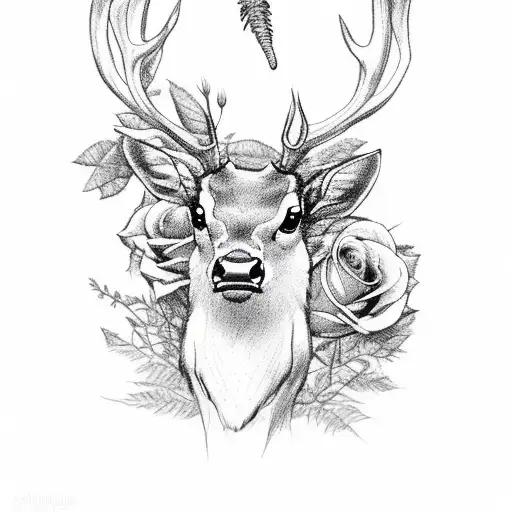 a stag, raven and grass snake with roses  tattoo design idea