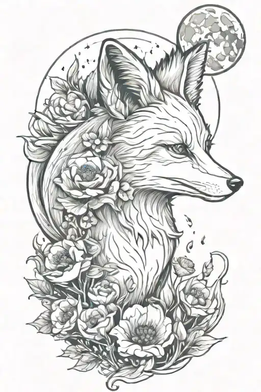 snow fox, moon, poppies blooming tattoo design idea