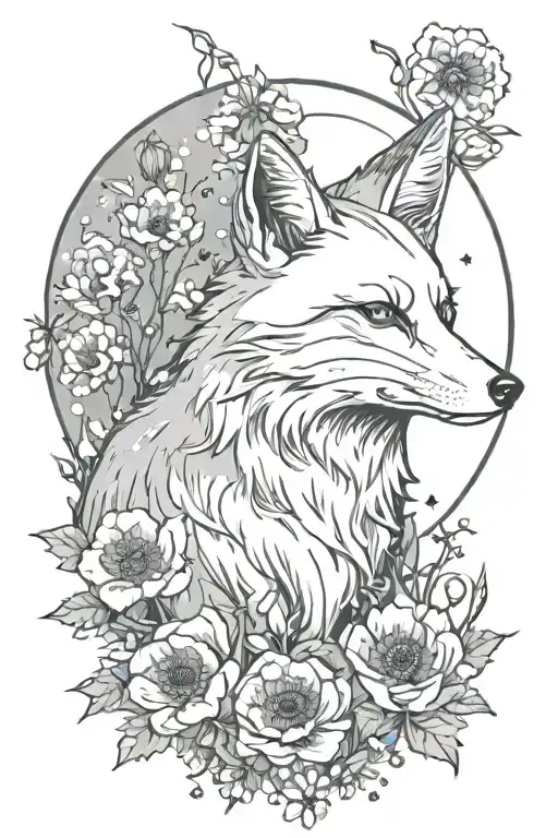 snow fox, moon, poppies tattoo design idea
