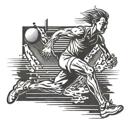 A tattoo design featuring a silhouette of a runner mid-long jump, with a subtle incorporation of bowling pins in the background tattoo design idea