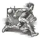 A tattoo design featuring a silhouette of a runner mid-long jump, with a subtle incorporation of bowling pins in the background tattoo design idea