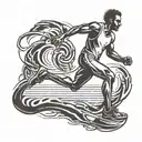 A tattoo design featuring a silhouette of a runner mid-long jump, with a subtle incorporation of bowling pins in the background tattoo design idea