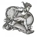 A tattoo design featuring a silhouette of a runner mid-long jump, with a subtle incorporation of bowling pins in the background tattoo design idea