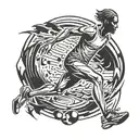 A tattoo design featuring a silhouette of a runner mid-long jump, with a subtle incorporation of bowling pins in the background tattoo design idea